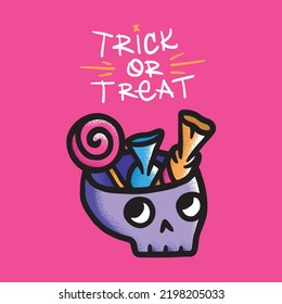 Trick or treat. Doodle vector handdrawn illustration with big-eyed skull. Candies in wrappers and lollipop in cute cartoon skull. Mascot for halloween celebration. Joyful and bright Holiday icon