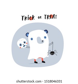 Trick or treat: doodle vector illustration with cute bear and skull. For halloween, autumn greeting cards, t-shirt prints, scrapbook. Fashion baby print in orange, gray and black colors.