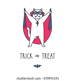 Trick or treat. Doodle vector illustration of funny white cat in halloween costume