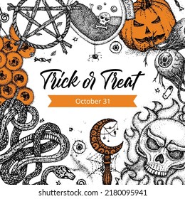 Trick Or Treat Dotwork Poster. Vector Illustration of Handdrawn Tattoo Sketch Concept.