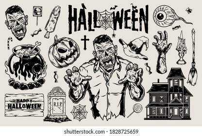 Komposition der Trick- oder Treat-Elemente mit Zombie-Kürbis-Kürbis-Humeeball-Hexenkessel Beschneidung aus aufgegebenen Hauskerzen Grab mit Happy Halloween-Inschrift einzelne Vektorgrafik