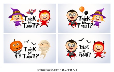 Trick or treat fair banner set with monsters. Halloween, October, trick or treat. Lettering can be used for greeting cards, invitations, announcements