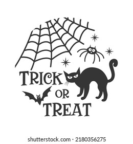 Trick or treat farmhouse door hanger. Vector Halloween quote. Halloween round sign design. Round design on white background. 31 October party sign.