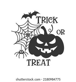Trick or treat farmhouse door hanger. Vector Halloween quote. Halloween round sign design. Round design on white background. 31 October party sign.