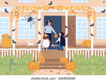 Trick or treat flat color vector illustration. Halloween celebration. Children on home porch. Autumn holiday. People in costumes 2D cartoon characters with decorated home on background