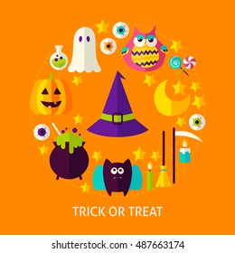 Trick or Treat Flat Concept. Poster Design Vector Illustration. Set of Happy Halloween Objects.
