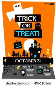 Trick Or Treat! (Flat Style Vector Illustration Halloween Quote Poster Design) Event Invitation with Venue and Time Details
