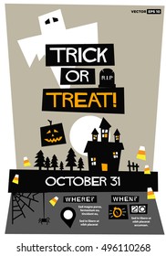 Trick Or Treat! (Flat Style Vector Illustration Halloween Quote Poster Design) Event Invitation with Venue and Time Details