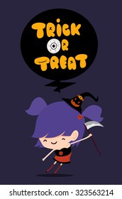 trick or treat font and poster design with cute girl dress as witch