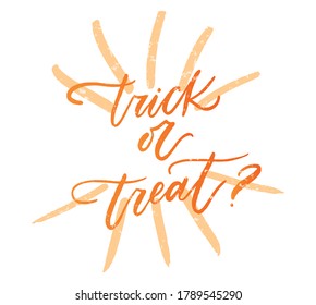 Trick oder Treat frase zu Halloween. Vektorgrafik für Foto-Overlay, Banner, Poster, Grußkarte, Partyeinladung.