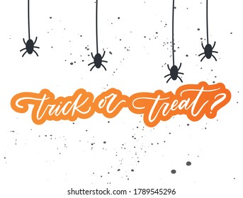 Trick oder Treat frase zu Halloween. Vektorgrafik für Foto-Overlay, Banner, Poster, Grußkarte, Partyeinladung.