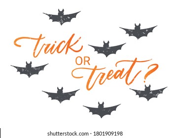 Trick oder Treat frase zu Halloween. Vektorgrafik für Foto-Overlay, Banner, Poster, Grußkarte, Partyeinladung.