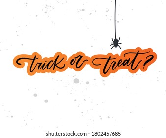 Trick oder Treat frase zu Halloween. Vektorgrafik für Foto-Overlay, Banner, Poster, Grußkarte, Partyeinladung.