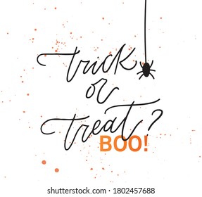 Trick oder Treat frase zu Halloween. Vektorgrafik für Foto-Overlay, Banner, Poster, Grußkarte, Partyeinladung.