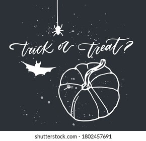 Trick oder Treat frase zu Halloween. Vektorgrafik für Foto-Overlay, Banner, Poster, Grußkarte, Partyeinladung.