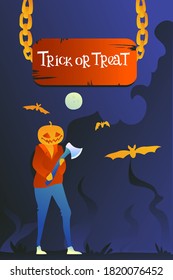 Trick or Treat! Full-length pumpkin with an ax on a dark background. Scary postcard invitation to halloween party. Happy Halloween!