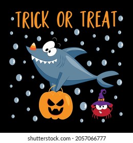 Trick or treat - funny cartoon shark with pumpkin bag , and candy corn. Cute crab in witch hat. Isloated on black backgound.