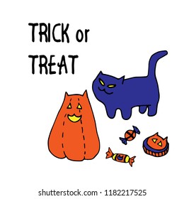 Trick or treat. Funny and cute halloween vector greeting with cute witch's cat, big smiling cut out butternut squash cat eared pumpkin