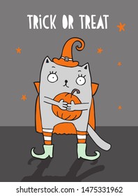 Trick or Treat. Funny Halloween Vector Illustration with Witch Cat. Cute Gray Cat in the Hat Holding a Pumpkin. Dark Gray Background. Night Sky with White Stars. Halloween Art for Card, Poster, Label.