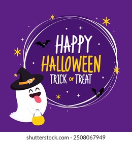 Trick or treat. Ghost floating with Halloween pumpkin basket for Trick or Treat. Funny spooky boo character. Spook phantom with happy smiling face expression.