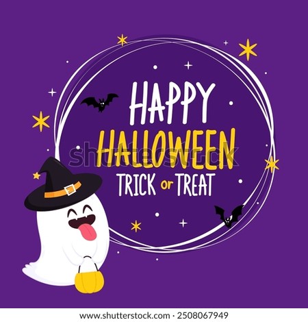 Trick or treat. Ghost floating with Halloween pumpkin basket for Trick or Treat. Funny spooky boo character. Spook phantom with happy smiling face expression.
