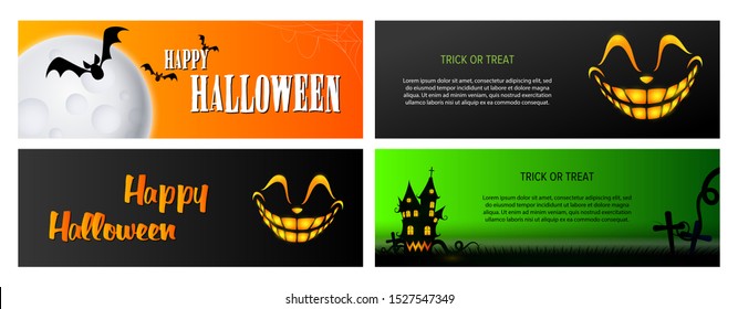 Trick or treat green, black, orange banner set with castle. Halloween, October, trick or treat. Lettering can be used for greeting cards, invitations, announcements