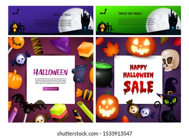 Trick or treat green, violet banner set with candies, cat. Halloween, October, trick or treat. Lettering can be used for greeting cards, invitations, announcements