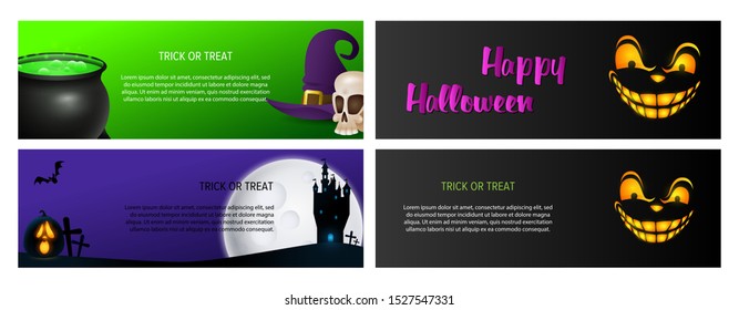 Trick or treat green, violet, black banner set with potion. Halloween, October, trick or treat. Lettering can be used for greeting cards, invitations, announcements