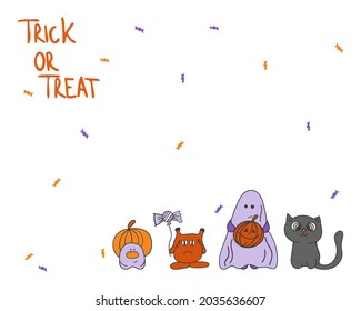 Trick or treat greeting banner with cute Halloween characters.
