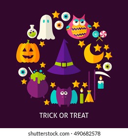Trick or Treat Greeting Card. Poster Design Vector Illustration. Set of Happy Halloween Objects.