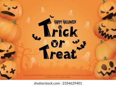 Trick or treat greeting card with pumpkins on orange background