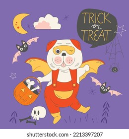 Trick or Treat greeting card template. Cute Pug in Halloween costume with pumpkin basket, skull, spider, bats and stars. Cute spooky dog cartoon flat illustration. Design for holiday greeting cards.
