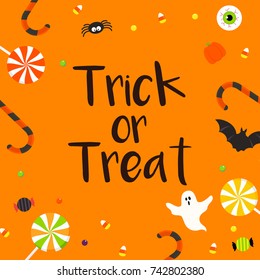 Trick or Treat greeting card vector illustration, Halloween candies on orange background