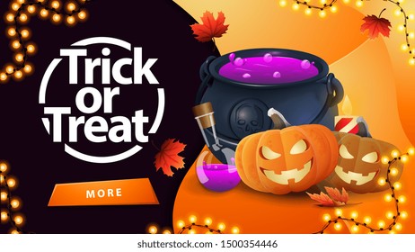 Trick or treat, greeting orange card with button, witch's cauldron and pumpkin Jack
