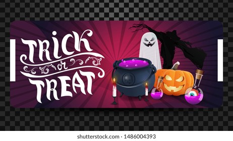 Trick or treat, greeting pink horizontal postcard, modern design with lettering, Ghost, Jack pumpkin, witch's pot with potion and Scarecrow