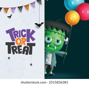 Truco o trato saludo texto Vector diseño de Plantilla. Truco o trato de Halloween en el espacio de la pizarra blanca para la tipografía con el personaje monstruo zombi temible lindo que sostiene los Elementos de los globos. Vector 