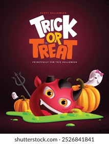 Diseño de póster de Vector de texto de saludo de truco o trato. Feliz truco o trato de halloween con cabeza de demonio, personajes fantasmas y Elementos de calabazas en fondo rojo. Afiche de terror de Ilustración vectorial. 
