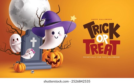 Truque ou trate design de vetor de texto de saudação. Feliz halloween truque ou tratar texto com fantasma flutuante, abóboras e pedra grave elementos em fundo laranja lua cheia. Ilustração vetorial