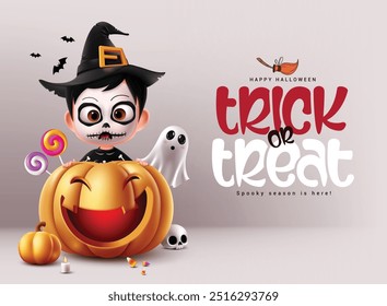 Truco o trato de saludo de diseño de Vector. Personaje de niño fantasma de Halloween con Elementos de calabaza o gato para el fondo de tarjeta de invitación de fiesta de terror de truco o trato. Temporada de vacaciones de Ilustración vectorial espeluznante 