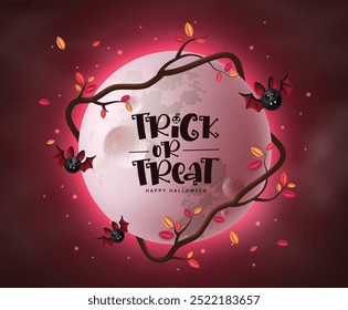 Trick or treat greeting vector design. Trick or treat greeting text in creepy night full moon red sky background with tree branch and bat elements. Vector illustration happy halloween invitation card 