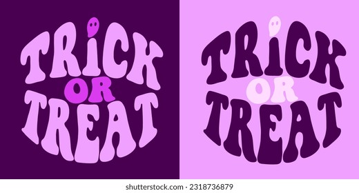 Trick or Treat Groovy lettering in shape. Cute Halloween sign. Vintage hippie poster. Vector illustration