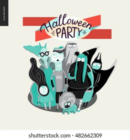 Trick or treat group of children, greeting card with lettering Halloween Party. Vector cartoon illustrated group of kids wearing Halloween costumes and a french bulldog, scared by something. 