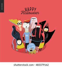 Trick or treat group of children, greeting card with lettering Halloween Party. Vector cartoon illustrated group of kids wearing Halloween costumes and a french bulldog, scared by something.