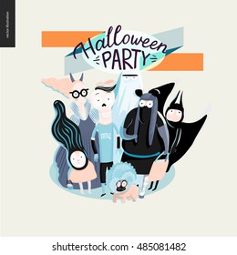 Trick or treat group of children, greeting card with lettering Halloween Party. Vector cartoon illustrated group of kids wearing Halloween costumes and a french bulldog, scared by something.