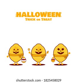 Trick or treat in halloween. Halloween activities. Happy Halloween. Lemon character.