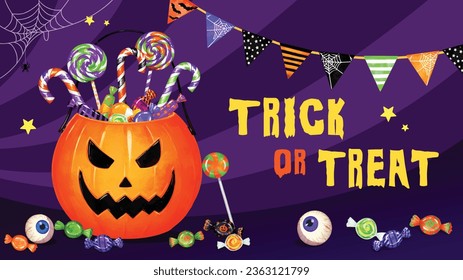 Trick or treat Halloween background design template, holiday celebration banner. trick or treat social media post with candy and sweets elements 