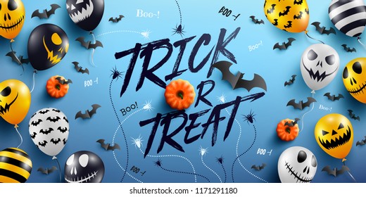 "Trick or Treat" Halloween Background with Halloween Ghost Balloons.Scary air balloons.Website spooky,Background or banner Halloween template.Vector illustration EPS10