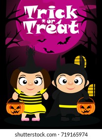 Trick or treat Halloween background with kids in Halloween costume 
