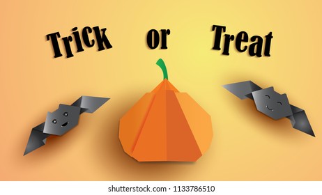 Trick or Treat Halloween background pumpkin and bats origami design,vector illustration.