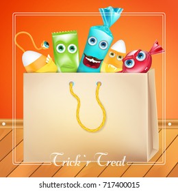 Trick or Treat Halloween bag with candies monsters. vector illustration for greeting card, ad, promotion, poster, flyer, blog, article, social media, marketing